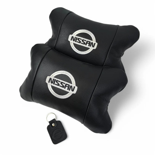 Подушки в авто 2 шт Nissan, натуральная кожа, с логотипом Ниссан, на подголовник для вашей машины