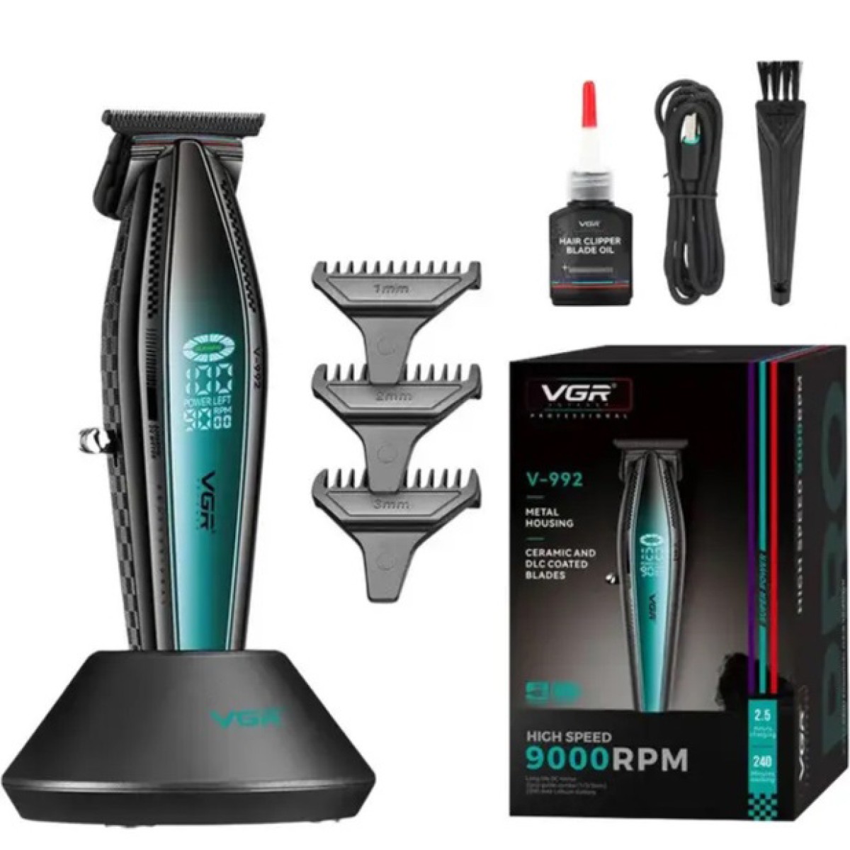 Машинка для стрижки волосся з потужним мотором XPRO VGR V-992 GREEN з насадками 1-2-3 мм (арт. 23168)