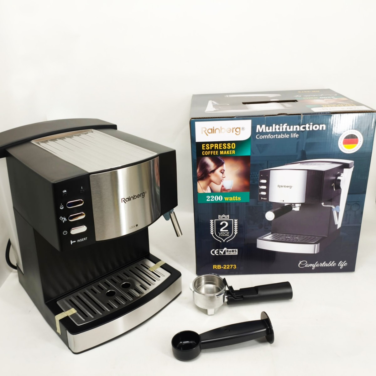 Кофемашина рожковая эспрессо Rainberg RB-2273 2200Вт с капучинатором 1.6л, кофеварка полуавтоматическая (арт. 23586)
