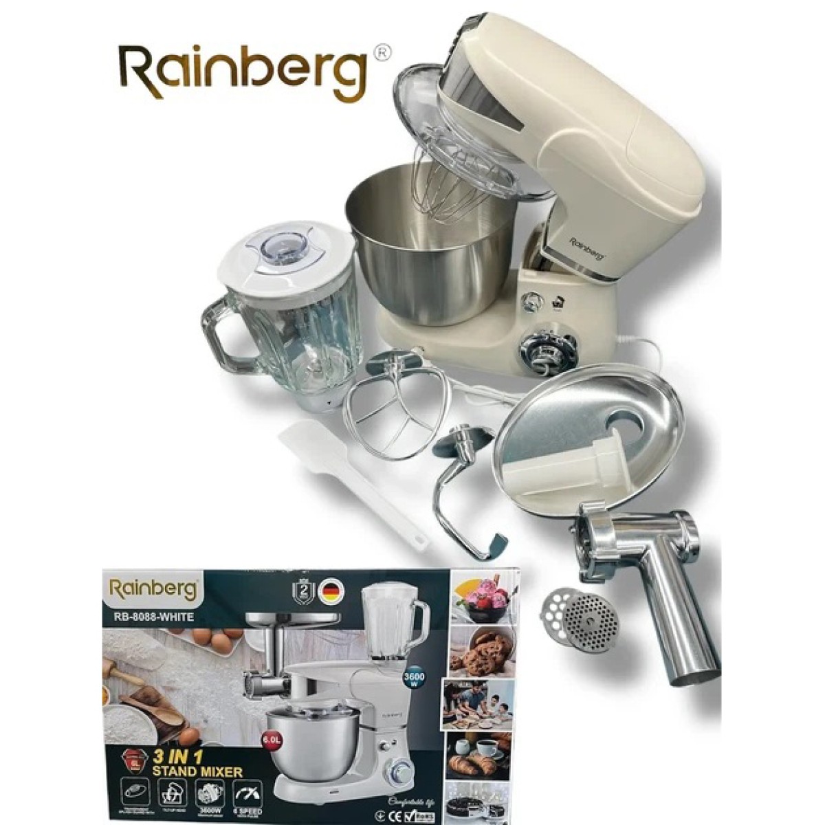 Универсальный кухонный комбайн Rainberg RB-8088 6л мясорубка, блендер 3600Вт Планетарный тестомес White (арт. 14408)