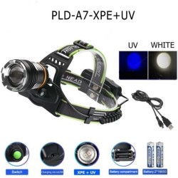 Ліхтар налобний PLD-A7-XPE-UV, Ліхтар акумуляторний для риболовлі, Світлодіодний ліхтар на лоб