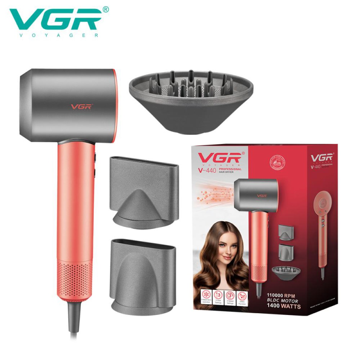 Фен профессиональный VGR V-440. Цвет: оранжевый (арт. 13494)