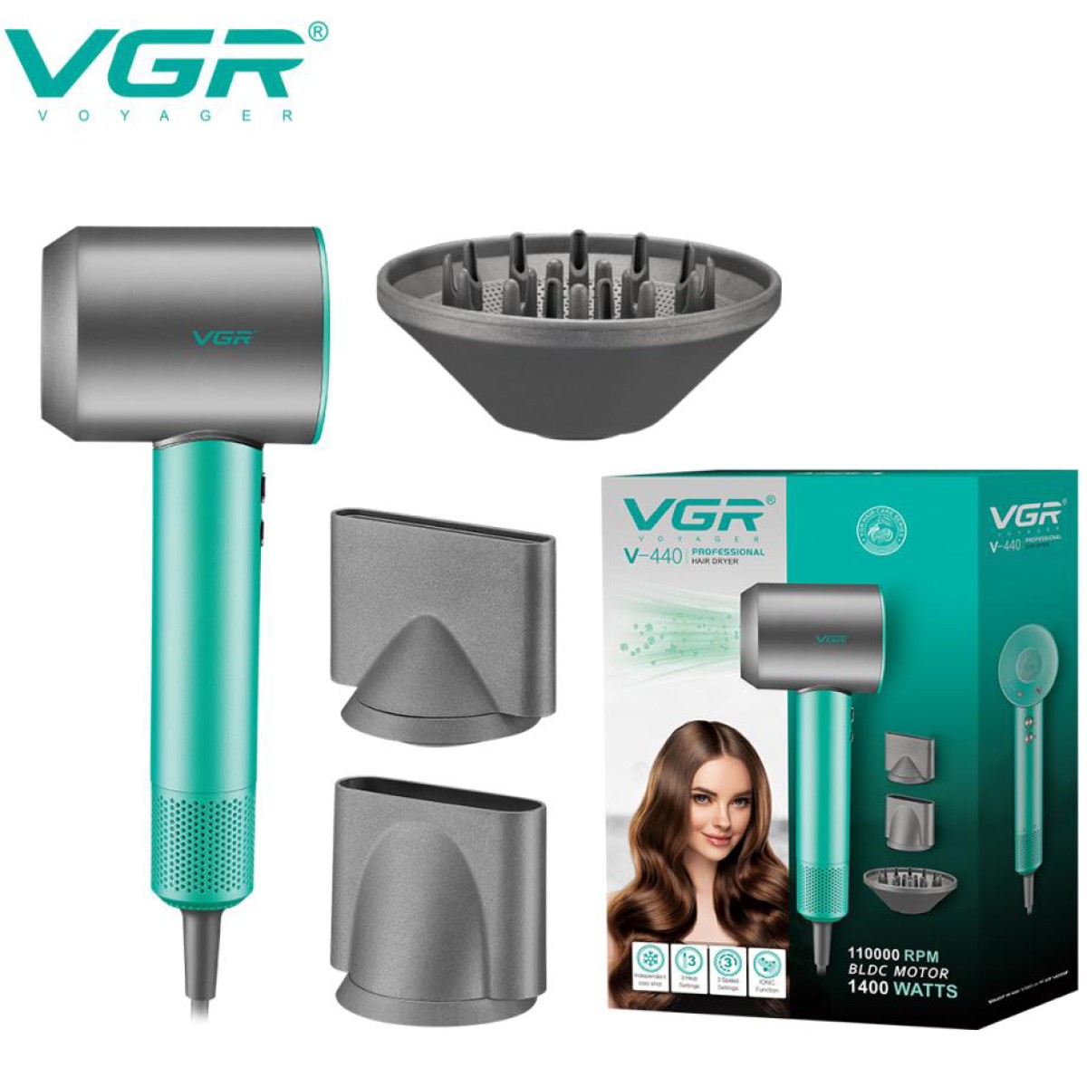 Фен профессиональный VGR V-440. Цвет: зеленый