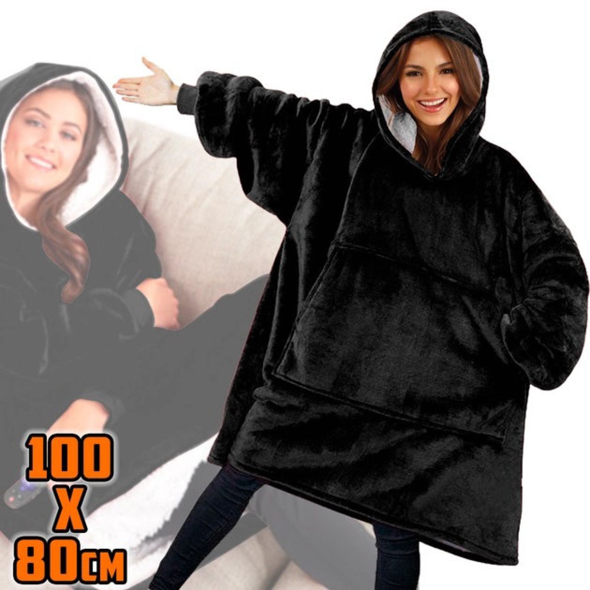 Плед толстовка с капюшоном и рукавами Huggle Hoodie оверсайз. Цвет: черный (арт. 12173)