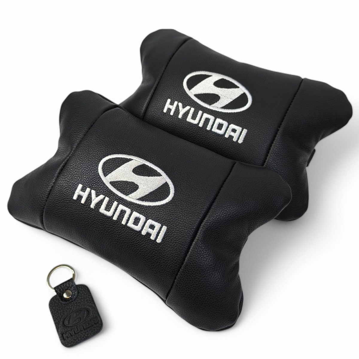Набор подушек для авто Hyundai 2шт, натуральная кожа, черный цвет, комфортные подголовники в автомобиль (арт. 13079)
