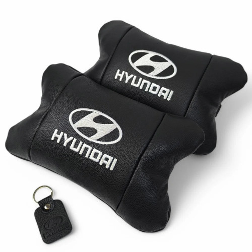 Набор подушек для авто Hyundai 2шт, натуральная кожа, черный цвет, комфортные подголовники в автомобиль