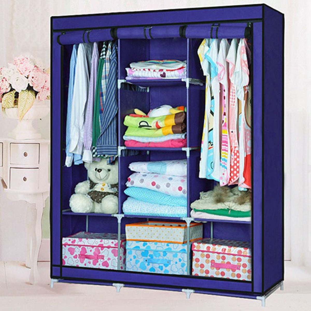 Шафа тканинна 3 секції складана з каркасом STORAGE WARDROBE 175 х 130 х 45 см Каркасна. Колір: синій (арт. 22951)