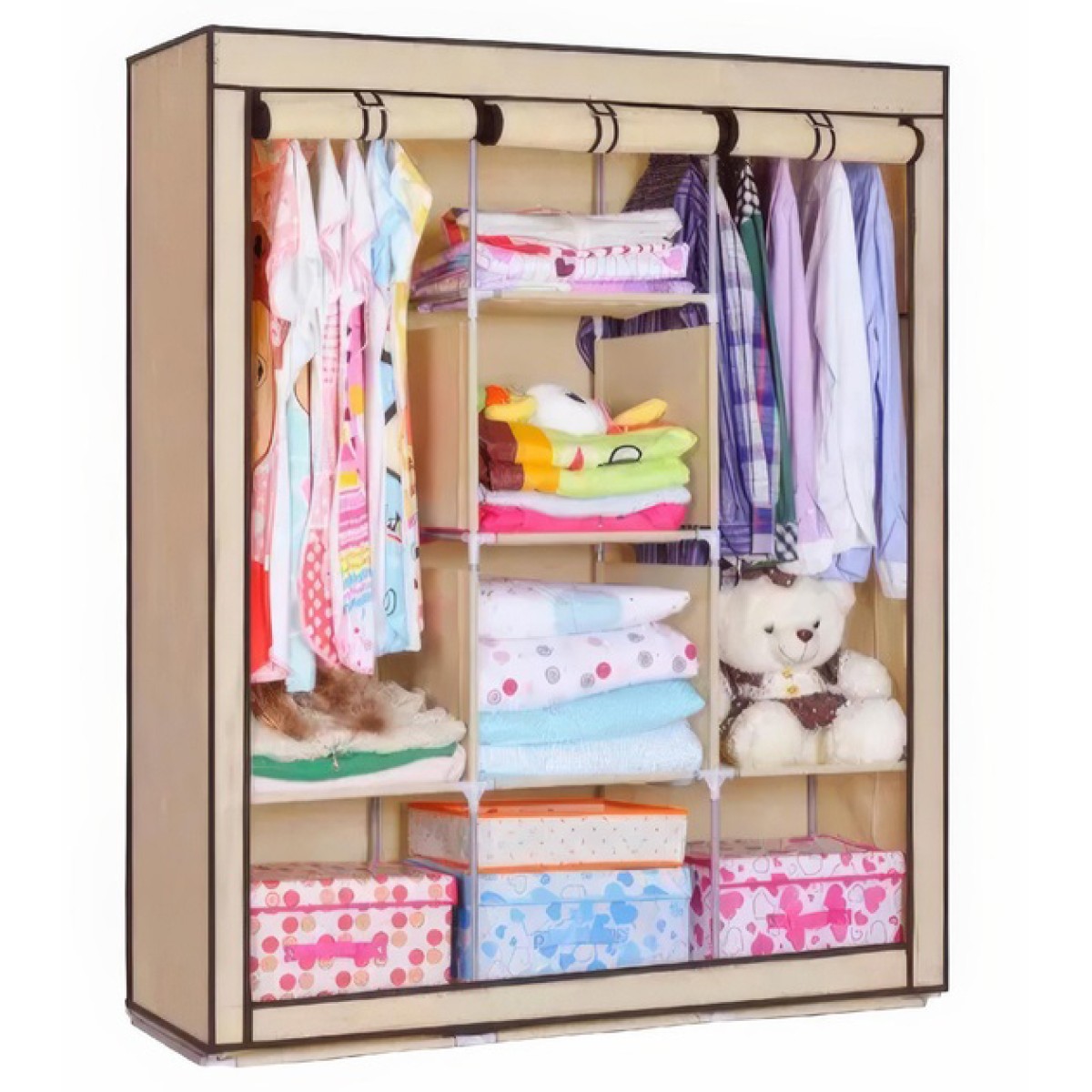 Шафа тканинна 3 секції складана з каркасом STORAGE WARDROBE 175 х 130 х 45 см. Колір: бежевий (арт. 23216)